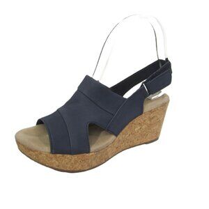 Clarks Women's Size 7.5 Annadel Ivory Navy Leather Sandals Cork Wedge Platform